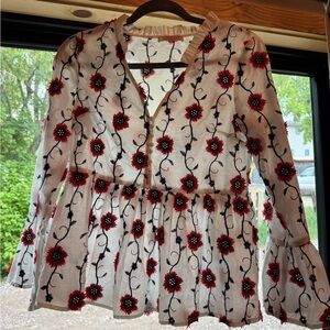 Floral Embroidered Women's Top - Red and Black